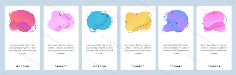 Website and mobile app onboarding screens. Menu banner vector template for web site and application development with trendy pink, blue, yellow and other color gradient dynamic liquid abstract shapes
