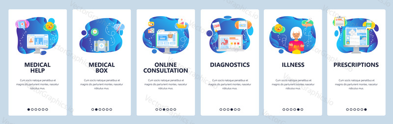 Onboarding pro webové stránky a mobilní aplikace. Menu banner vektorová šablona pro vývoj webových stránek a aplikací. Lékařská pomoc a box, online konzultace, diagnostika, nemoc, recepty obrazovky.