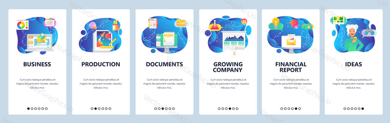 Onboarding for web site and mobile app. Menu banner vector template for website and application development. Business, Production, Documents, Growing company, Financial report, Ideas screens.