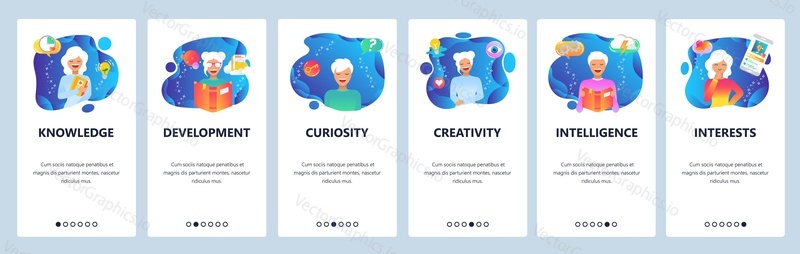 Onboarding pro webové stránky a mobilní aplikace. Menu banner vektorová šablona pro vývoj webových stránek a aplikací. Znalosti, rozvoj, zvědavost, tvořivost, inteligence, Zájmy průchozí obrazovky.