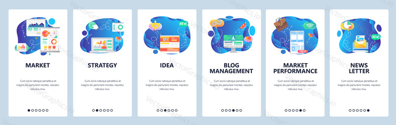 Onboarding pro webové stránky a mobilní aplikace. Menu banner vektorová šablona pro vývoj webových stránek a aplikací. Trh, strategie, nápad, Správa blogů, zpravodaj, průchozí obrazovky výkonnosti trhu