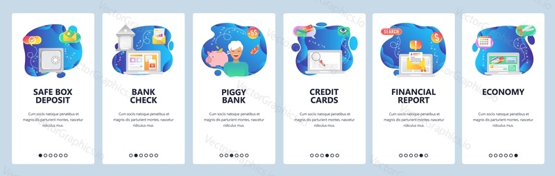 Адаптация для веб-сайта и мобильного приложения. Векторный шаблон баннера меню для разработки веб-сайтов и приложений. Депозит в сейфе, Банковский чек, Копилка, Кредитные карты, Финансовый отчет, Экраны экономии.