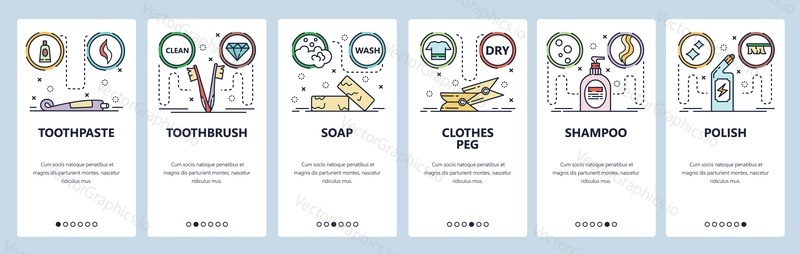 Mobilní aplikace onboarding obrazovky. Koupelnové doplňky, mýdlo, šampon, zubní pasta. Nabídka vektorový banner šablona pro webové stránky a mobilní vývoj. Design webových stránek plochý ilustrace.