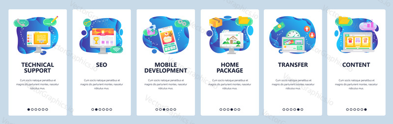 Onboarding pro webové stránky a mobilní aplikace. Menu banner vektorová šablona pro vývoj webových stránek a aplikací. Technická podpora, SEO, mobilní vývoj, domácí balíček, přenos, obrazovky obsahu.