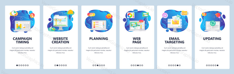Onboarding pro webové stránky a mobilní aplikace. Menu banner vektorová šablona pro vývoj webových stránek a aplikací. Načasování kampaně, tvorba webových stránek, plánování, webové stránky, cílení e-mailů, aktualizace obrazovek.