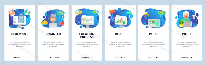 Onboarding pro webové stránky a mobilní aplikace. Menu banner vektorová šablona pro vývoj webových stránek a aplikací. Plán, inženýr, proces vytváření, výsledek, výhody, pracovní průchozí obrazovky.