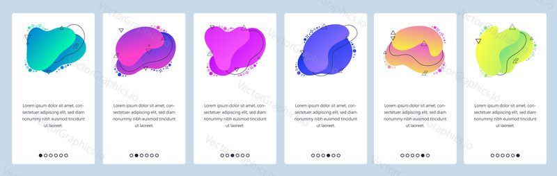 Website and mobile app onboarding screens. Menu banner vector template for web site and application development with trendy blue, violet, navy and other color gradient dynamic liquid abstract shapes