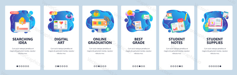 Onboarding pro webové stránky a mobilní aplikace. Menu banner vektorová šablona pro vývoj webových stránek a aplikací. Hledání idea, digitální umění, online promoce, nejlepší známka, studentské poznámky, spotřební obrazovky