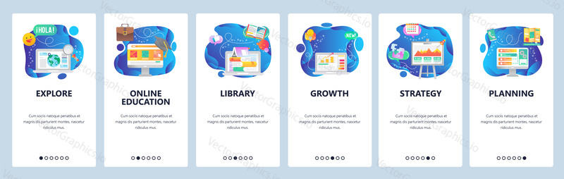 Onboarding pro webové stránky a mobilní aplikace. Menu banner vektorová šablona pro vývoj webových stránek a aplikací. Prozkoumat, online vzdělávání, Knihovna, růst, strategie, plánovací průchozí obrazovky.
