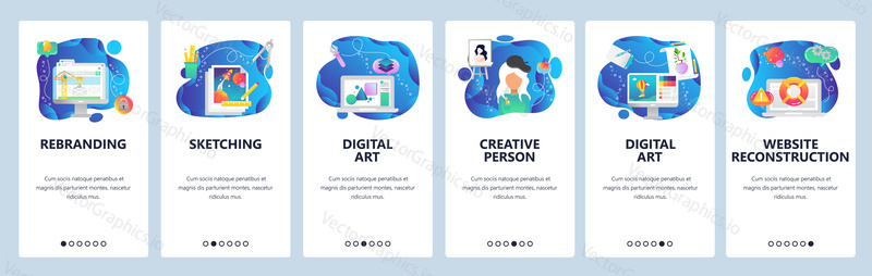Onboarding pro webové stránky a mobilní aplikace. Menu banner vektorová šablona pro vývoj webových stránek a aplikací. Rebranding skicování digitální umění kreativní osoba digitální umění webové stránky rekonstrukce obrazovky