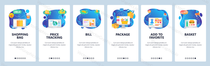Onboarding pro webové stránky a mobilní aplikace. Menu banner vektorová šablona pro vývoj webových stránek a aplikací. Nákupní taška, sledování cen, účet, balíček, Přidat k oblíbeným, košík průchod obrazovky.