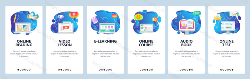 Onboarding pro webové stránky a mobilní aplikace. Menu banner vektorová šablona pro vývoj webových stránek a aplikací. Online čtení, kurz a test, Video lekce, e-learning, Audio kniha návod obrazovky.