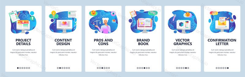 Onboarding pro webové stránky a mobilní aplikace. Menu banner vektorová šablona pro vývoj webových stránek a aplikací. Detaily projektu, obsahový design, klady a zápory, Značková kniha, obrazovky vektorové grafiky.