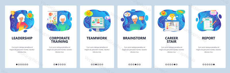 Onboarding pro webové stránky a mobilní aplikace. Menu banner vektorová šablona pro vývoj webových stránek a aplikací. Vedení, firemní školení, týmová práce, brainstorming, Kariérní schodiště, obrazovky zpráv.