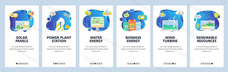 Onboarding pro webové stránky a mobilní aplikace. Menu banner vektorová šablona pro vývoj webových stránek a aplikací. Solární panely, elektrárna, energie z vody a biomasy a další průchozí obrazovky.