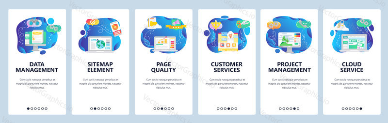 Onboarding pro webové stránky a mobilní aplikace. Menu banner vektorová šablona pro vývoj webových stránek a aplikací. Správa dat a projektů, prvek Sitemap, kvalita stránek, obrazovky zákaznických služeb.