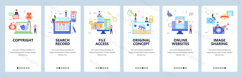 Onboarding for web site, mobile app. Menu banner vector template for website and application development. Copyright, Search record, File access, Online websites walkthrough screens. Flat style design.