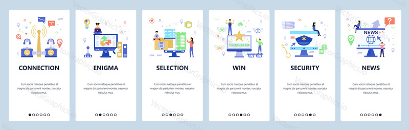 Onboarding for web site, mobile app. Menu banner vector template for website and application development. Connection, Enigma, Selection, Win, Security, News walkthrough screens. Flat style design.