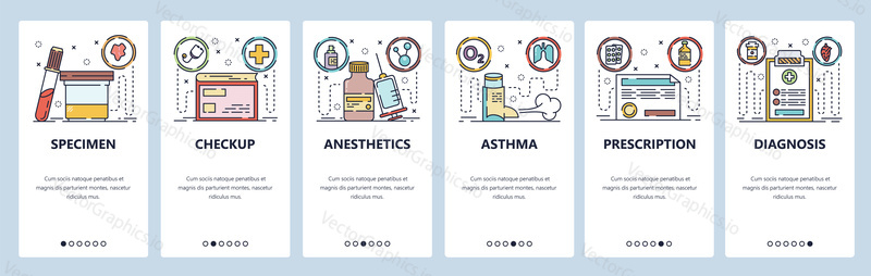 Mobilní aplikace onboarding obrazovky. Lékařské doplňky a léky, astmatický sprej, recepty. Nabídka vektorový banner šablona pro webové stránky a mobilní vývoj. Design webových stránek plochý ilustrace.