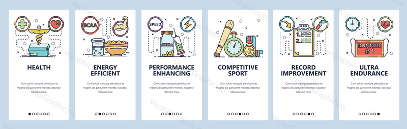 Mobile app onboarding screens. Doping, sport records, health and diet. Menu vector banner template for website and mobile development. Web site design flat illustration.