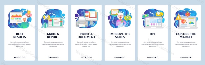 Mobile app onboarding screens. Financial presentation, business charts, KPI, market share, business education. Menu vector banner template for website and mobile development. Web site design flat illustration.
