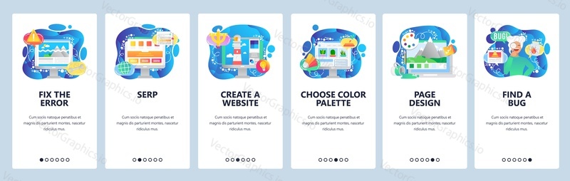 Экраны загрузки мобильных приложений. Разработка программного обеспечения, компьютерная ошибка, женщина-инженер. Шаблон векторного баннера меню для разработки веб-сайтов и мобильных устройств. Плоская иллюстрация дизайна веб-сайта.