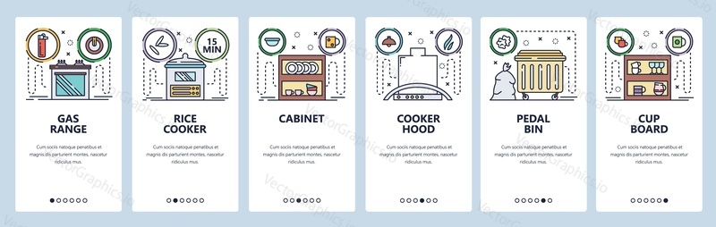Mobile app onboarding screens. Home kitchen appliances and furniture, interior, oven, hood, rice cooker. Menu vector banner template for website and mobile development. Web site design flat illustration.