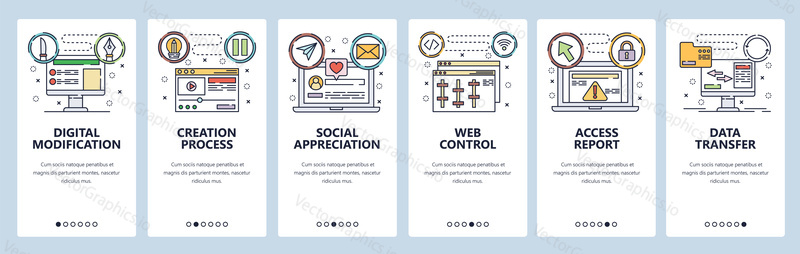 Onboarding for web site and mobile app. Menu banner vector template for website and application development. Digital modification, Creation process, Data transfer, other screens. Thin line art style.