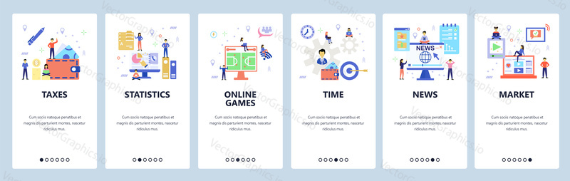 Onboarding pro web, mobilní aplikace. Menu banner vektorová šablona pro vývoj webových stránek a aplikací. Daně, Statistika, Online hry, Čas, zprávy, Market walkthrough obrazovky. Plochý design.