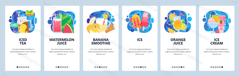 Mobile app onboarding screens. Summer drinks, iced tea, fruit smoothie, orange juice, ice cream. Menu vector banner template for website and mobile development. Web site design flat illustration.