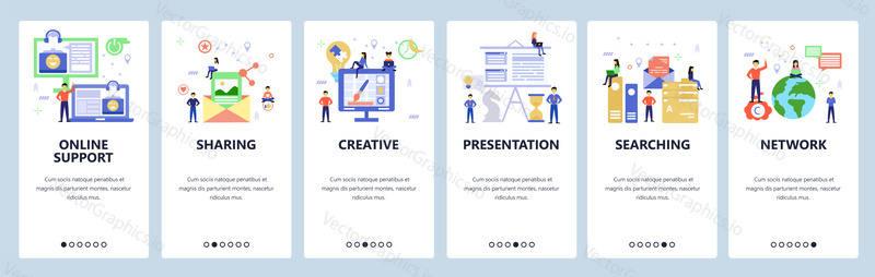 Onboarding pro web, mobilní aplikace. Menu banner vektorová šablona pro vývoj webových stránek a aplikací. Online podpora, sdílení, vyhledávání, prezentace další průchozí obrazovky. Plochý design.