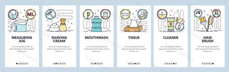 Mobilní aplikace onboarding obrazovky. Doplňky kosmetického salonu, holicí krém, čistič, kartáč na vlasy. Nabídka vektorový banner šablona pro webové stránky a mobilní vývoj. Design webových stránek plochý ilustrace.