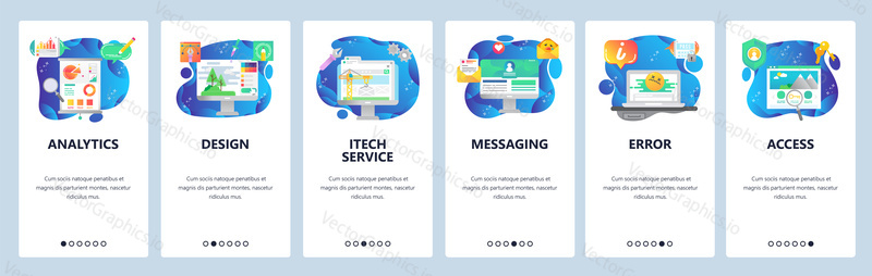 Mobilní aplikace onboarding obrazovky. Finanční analytika a data, kreslení, chyba počítače a bezpečný přístup. Nabídka vektorový banner šablona pro webové stránky a mobilní vývoj. Design webových stránek plochý ilustrace.