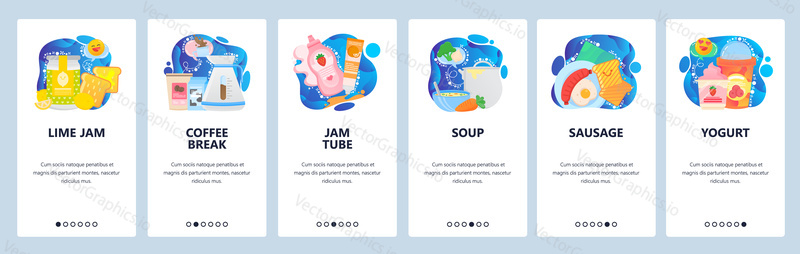 Mobile app onboarding screens. Morning breakfast meal, desert, restaurant food. Coffee, fried egg, soup, yogurt. Menu vector banner template for website and mobile development. Web site design flat illustration.