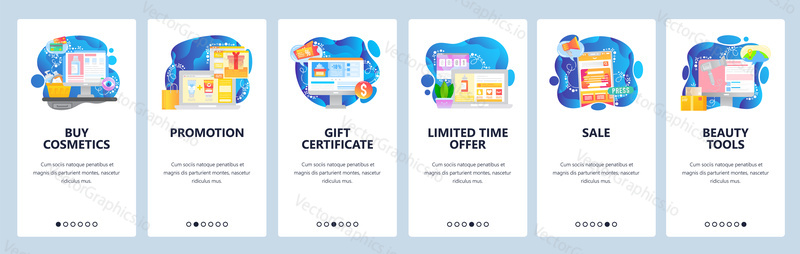 Onboarding for web site and mobile app. Menu banner vector template for website and application development. Buy cosmetics, Promotion, Gift certificate, Limited time offer, Sale, Beauty tools screens.