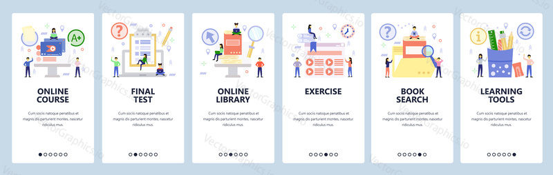 Mobilní aplikace onboarding obrazovky. Online vzdělávání, video přednáška a kurz tutorial, digitální knihovna. Nabídka vektorový banner šablona pro webové stránky a mobilní vývoj. Design webových stránek plochý ilustrace.