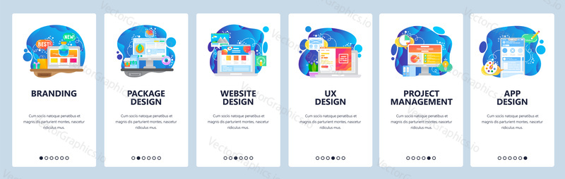 Mobile app onboarding screens. Digital marketing, branding, mobile app UI design, project management. Menu vector banner template for website and mobile development. Web site design flat illustration.