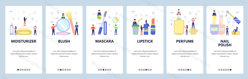 Mobilní aplikace onboarding obrazovky. Make - up a ikony kosmetického průmyslu, řasenka, rtěnka, parfém. Nabídka vektorový banner šablona pro webové stránky a mobilní vývoj. Design webových stránek plochý ilustrace.