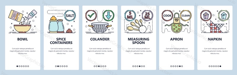 Mobilní aplikace onboarding obrazovky. Kuchyňské doplňky a tak. Nabídka vektorový banner šablona pro webové stránky a mobilní vývoj. Design webových stránek plochý ilustrace.