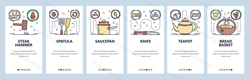 Mobile app onboarding screens. Kitchen appliances, spatula, knife, tea pot, bread basket. Menu vector banner template for website and mobile development. Web site design flat illustration.