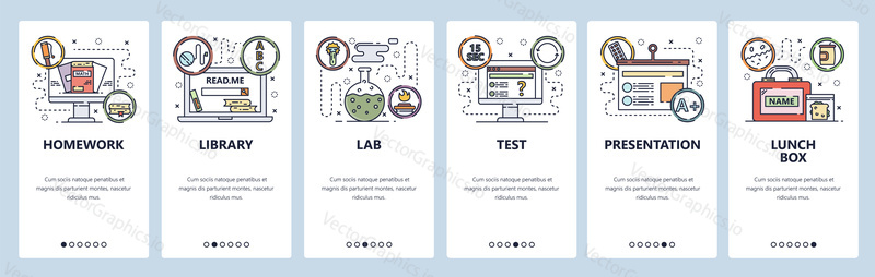 Mobilní aplikace onboarding obrazovky. Školní vzdělávání, chemická laboratoř, domácí úkoly, knihovna a test. Nabídka vektorový banner šablona pro webové stránky a mobilní vývoj. Design webových stránek plochý ilustrace.