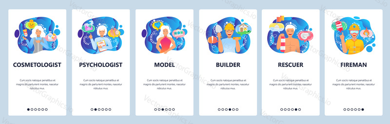 Mobile app onboarding screens. People career and profession, model, construction worker, firefighter. Menu vector banner template for website and mobile development. Web site design flat illustration.