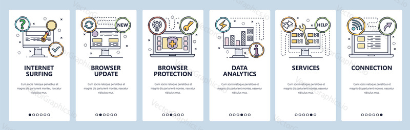 Mobile app onboarding screens. Computer internet services, data analytics, wireless connection, browser security. Menu vector banner template for website and mobile development. Web site design flat illustration.