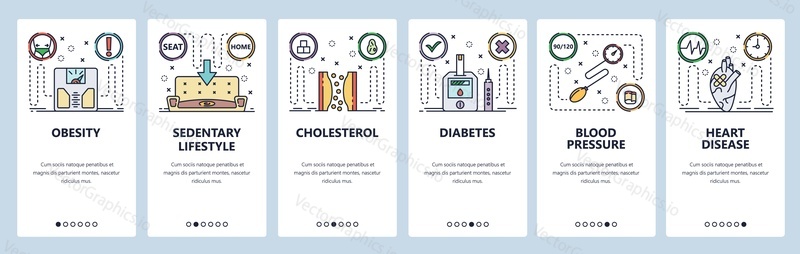 Mobile app onboarding screens. Health problems, heart attack, blood pressure, cholesterol, diabetes. Menu vector banner template for website and mobile development. Web site design flat illustration.