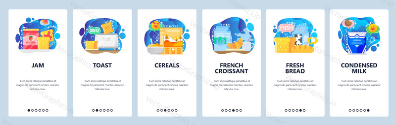 Mobile app onboarding screens. Morning breakfast food, cereals, toast, jam, bread. Menu vector banner template for website and mobile development. Web site design flat illustration