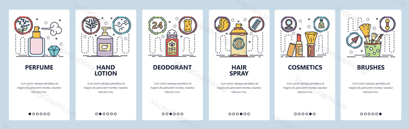 Mobilní aplikace onboarding obrazovky. Přírodní kosmetika, parfémy, sprej na vlasy, kartáče, krém na ruce. Nabídka vektorový banner šablona pro webové stránky a mobilní vývoj. Design webových stránek plochý ilustrace.