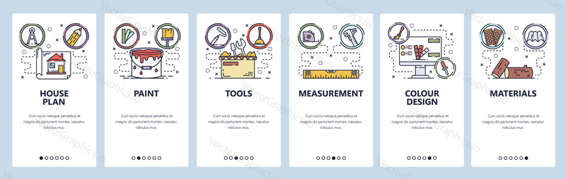 Mobile app onboarding screens. House building and construction, home repair, paint, tools and materials. Menu vector banner template for website and mobile development. Web site design flat illustration.