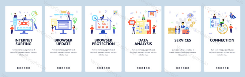 Onboarding for web site, mobile app. Menu banner vector template for website and application development. Connection, Internet surfing, Browser update and protection walkthrough screens. Flat style.