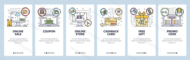 Mobile app onboarding screens. Online shopping, cashback card, promo code, free gift. Menu vector banner template for website and mobile development. Web site design flat illustration.