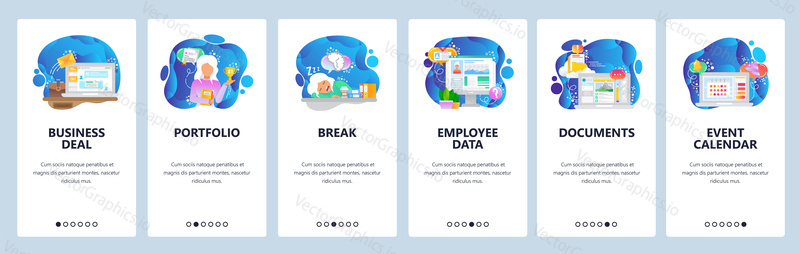 Mobile app onboarding screens. Business deal, lunch break, HR profile, event calendar. Menu vector banner template for website and mobile development. Web site design flat illustration.